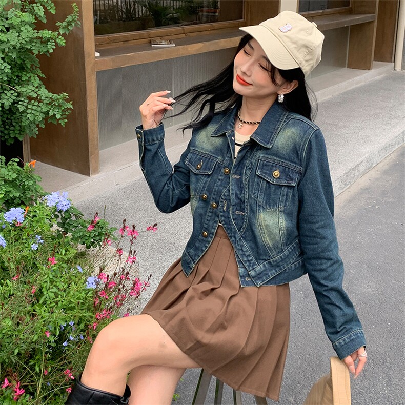 美式复古炸街设计感做旧蓝牛仔外套女2024高级百搭休闲短夹克上衣,女装短外套,MQ