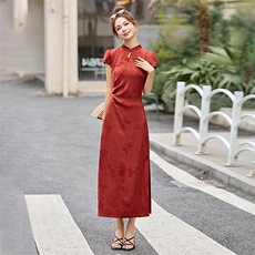 红色提花改良旗袍连衣裙女夏2025新款喜婆婆婚宴气质修身高端裙子，女装连衣裙，依如秀(原杭风阁)