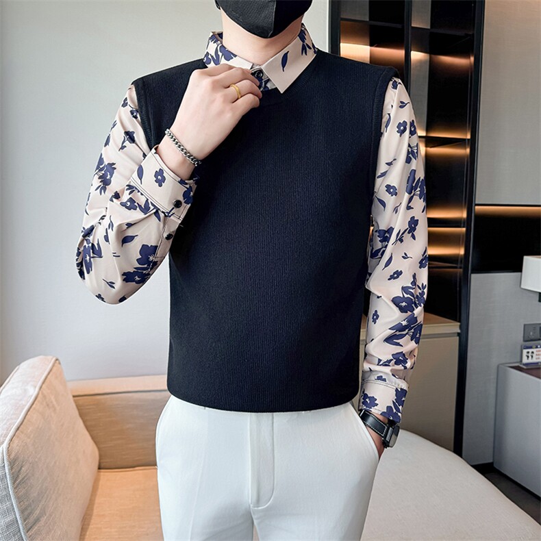 店主风小伙秋冬男士针织毛衣假二件打底衫301A-1/M86/P75图片