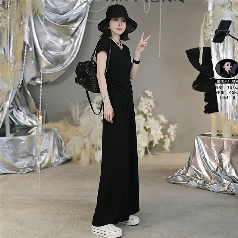 个性简约时尚套装裙女夏季新款圆领褶皱设计短袖上衣半身裙两件套,女装套装/套裙,江南