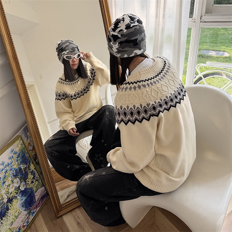 重磅秋冬装北极绒套头毛衣美式复古休闲慵懒风提花工艺针织衫外套,男装针织衫/毛衣,电商A486