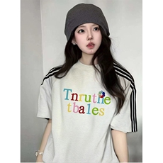 抖音得物品质二开240克宽松纯棉美式潮牌印花三条杠中性风短袖T恤，男装T恤，电商A486-1