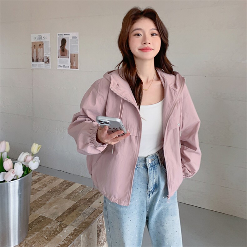 粉色连帽短款外套女2025年春季新款减龄韩系简约宽松休闲冲锋衣潮,女装短外套,2C260
