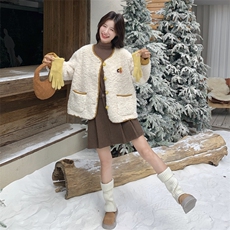 韩系小香风撞色拼接羊羔毛外套女秋冬2025新款皮毛一体超好看棉服，女装短外套，2C129
