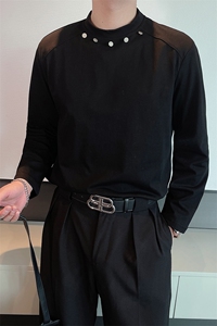 春夏高级感网红垫肩长袖T恤男小众金属扣设计纯色打底衫TX1211P50图片