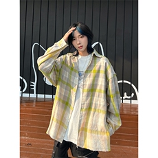 港风大码日系复古渐变刺绣翻领格子长袖衬衫XZ213-CS8811-P60控78，男装衬衫，星座213
