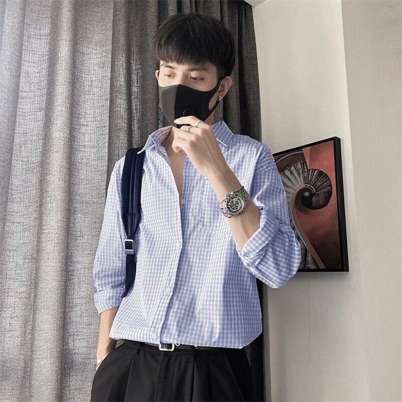 格子衬衫男设计感小众高级感痞帅寸衫春秋新款千鸟格长袖衬衣,男装衬衫,星座218-1（原230）