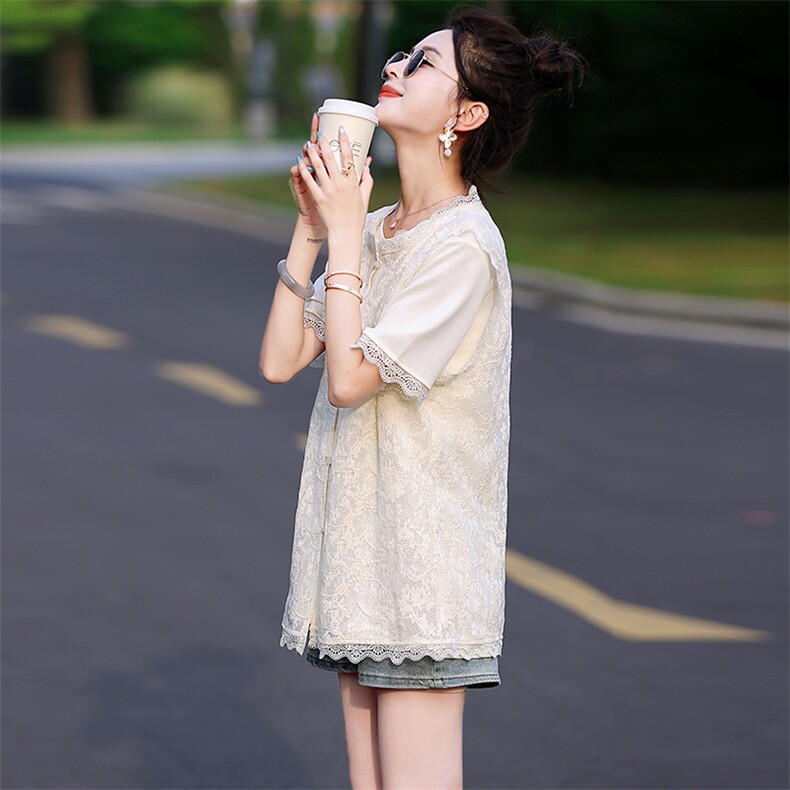 《48H发现货》时尚蕾丝马甲配+T两件套,女装马甲,歌伊格美