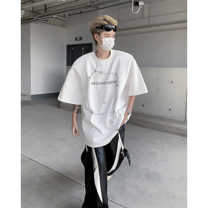 现货！25夏季男士设计感垫肩铆钉印花短袖T恤DX98-P68,男装T恤,电商B288