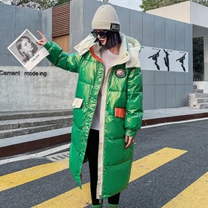 2022年冬季新款过膝撞色连帽韩版长款时尚洋气白鸭绒羽绒服图片