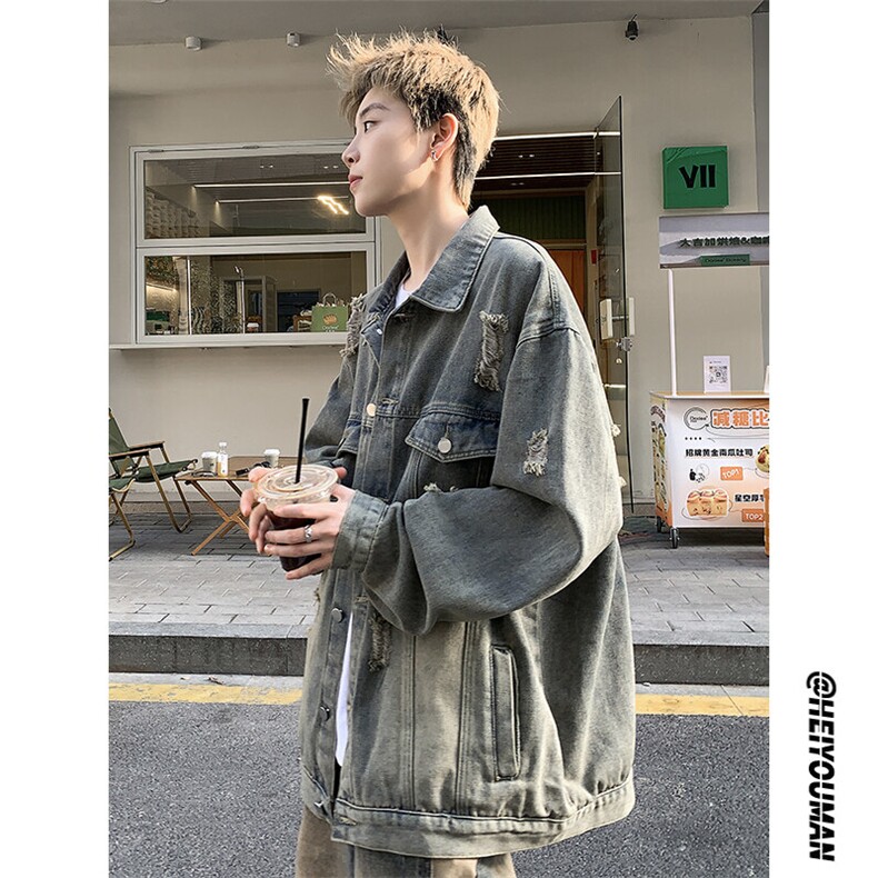 潮流时尚牛仔外套复古风格时尚水洗破洞牛仔夹克HY481TP60控98，男装工装外套，电商A102B