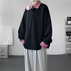 M-8XL美式假两件格子拼接翻领卫衣大码polo领长袖T恤衫WY5110/P58，男装T恤，电商B238