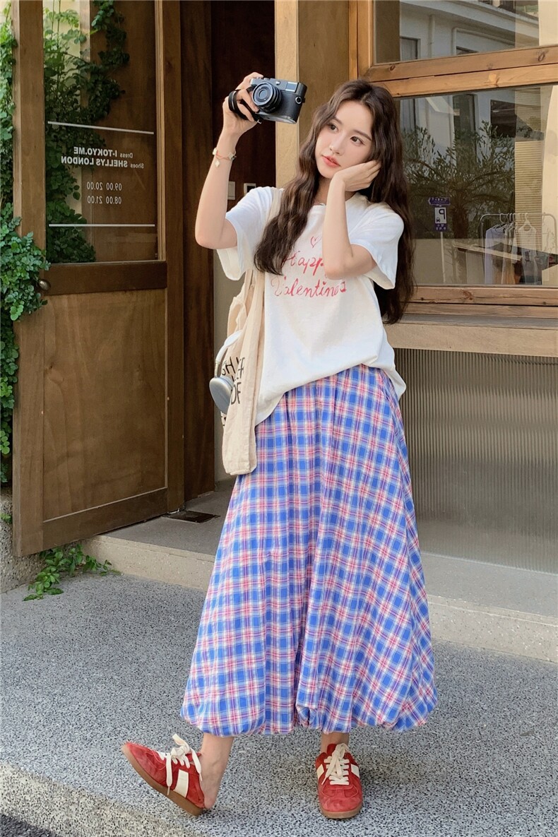 学院风减龄两件套女2025夏季新款韩版小个子字母T恤格子半身裙潮,女装套装/套裙,慧尚2-185
