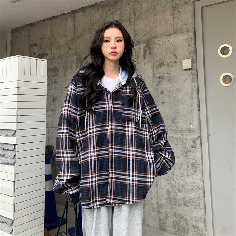 D305-P60复古港风休闲格子衬衫男女慵懒情侣连帽外套春秋,男装衬衫,星座911