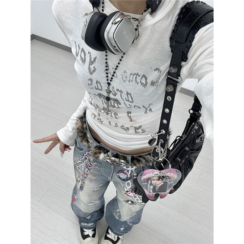 美式链条印花牛仔裤男女新款宽松显瘦直筒裤裤子潮AME103P57,男装牛仔裤,星座1013-5