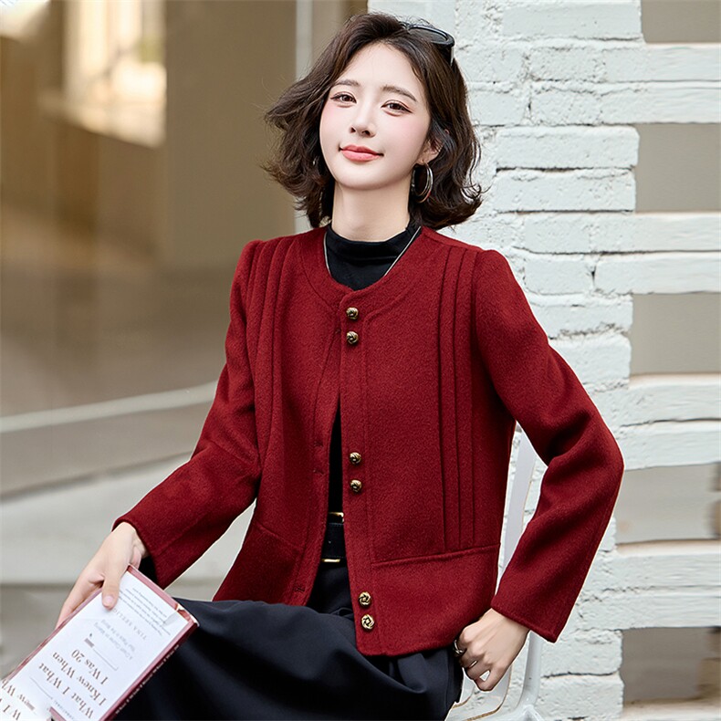红色小香风双面羊绒大衣女高级感2025新款春季短款西装毛呢外套,女装双面呢大衣,美沁