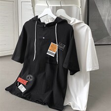 LD54121-P45 连帽短袖t恤男大码胖子带帽五分袖中袖图片