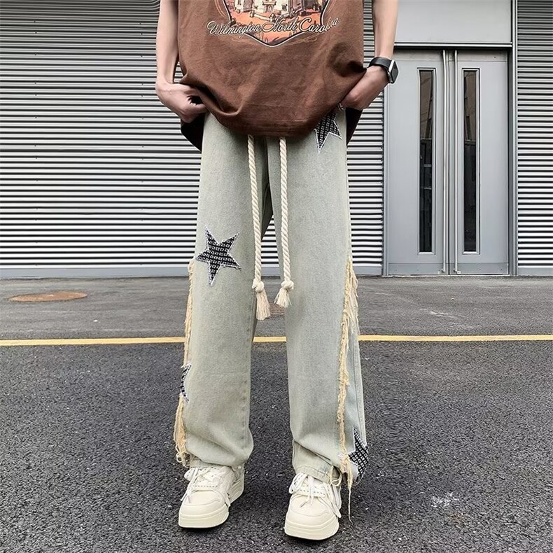 美式vibe高街星星刺绣毛边牛仔裤男女宽松直筒阔腿长裤K9938-p55,男装牛仔裤,星座1008