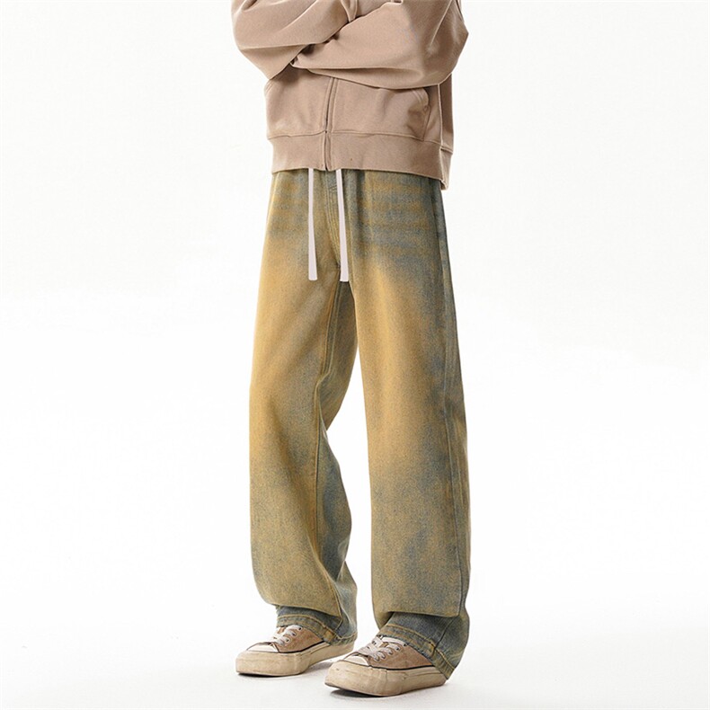 B221 美式ins高街重工艺全松紧腰直筒牛仔裤 LK24260-特P40控68图片