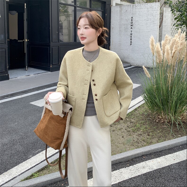 卡其色双面羊绒大衣女短款2025新款韩版时尚单排扣宽松毛呢外套,女装羊绒大衣,2C316