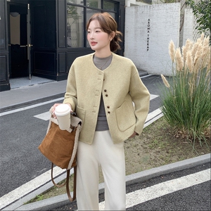 卡其色双面羊绒大衣女短款2025新款韩版时尚单排扣宽松毛呢外套图片