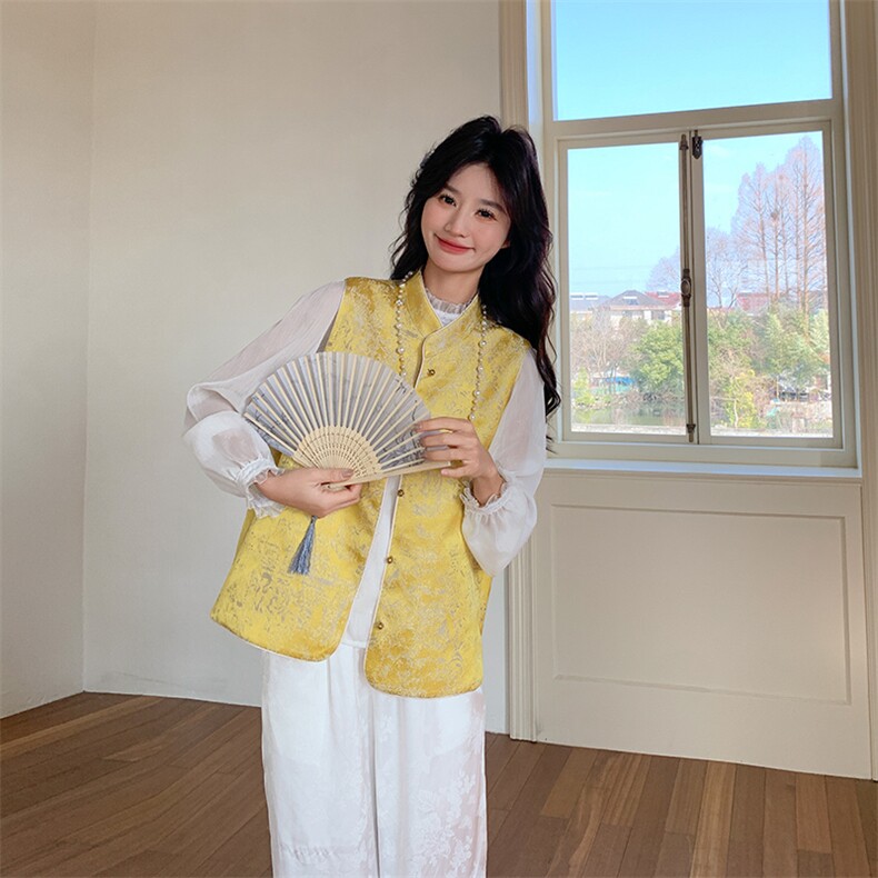 新中式国风提花两面穿马甲女春秋2025新款轻奢高级感气质立领马夹,女装马甲,纯色衣恋