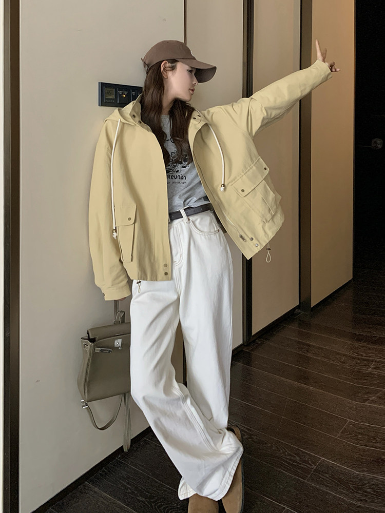 2024年淡黄色工装连帽风衣外套082-3626P155K228,女装短外套,浙宝192（原082）