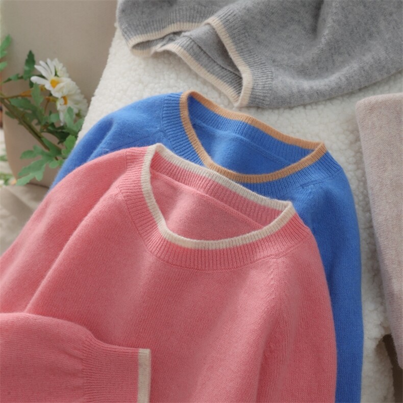 儿童圆领羊毛针织衫中大童拼色保暖套头毛衣女童针织打底衫，童装毛衣，初丹羊绒童装