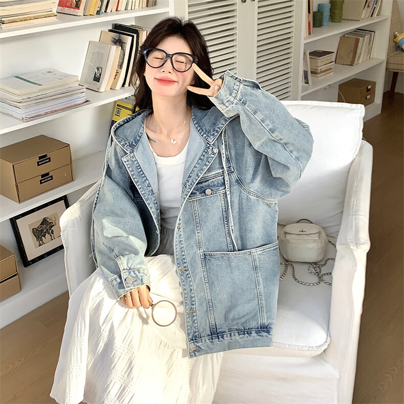 复古连帽牛仔外套女2025春季新款韩系慵懒风超火减龄宽松夹克上衣图片