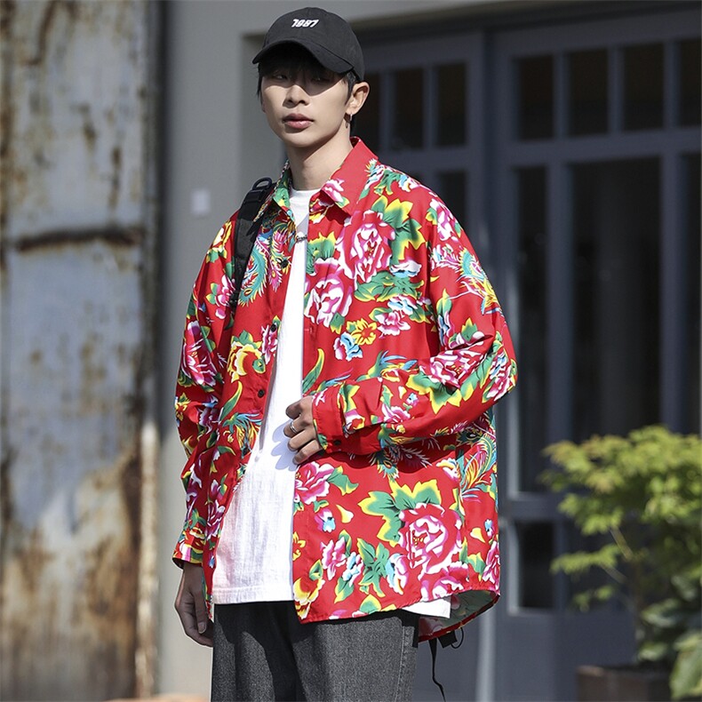 C203秋长袖男士宽松东北大花港风衬衣外套民族特色表演出新中式潮，男装民族服装，星座115A(原星座507）