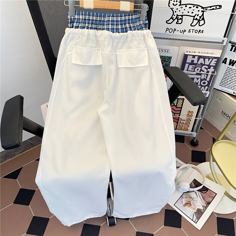 港风秋款男休闲裤假两件格子拼接贴标宽松抽绳长裤HK126P45,男装休闲裤,星座1013-1