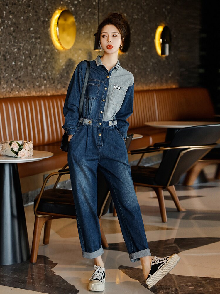 拼接牛仔连体裤女2025春秋新款高端设计感炸街显瘦连身裤,女装连体裤,秋水欣儿