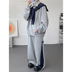5XL-M潮流高级感披肩撞色拼接翻领百搭卫衣宽松弯刀长裤TZ113P118，男装休闲套装，电商D206-1