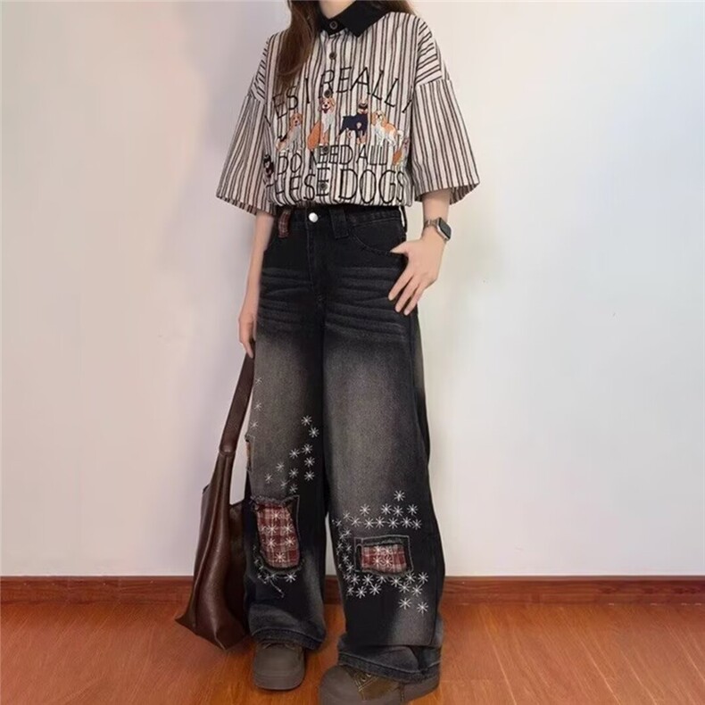 大码胖mm美式复古格子拼接牛仔裤女夏季设计感小众高腰阔腿拖地裤,男装牛仔裤,星座1210-1