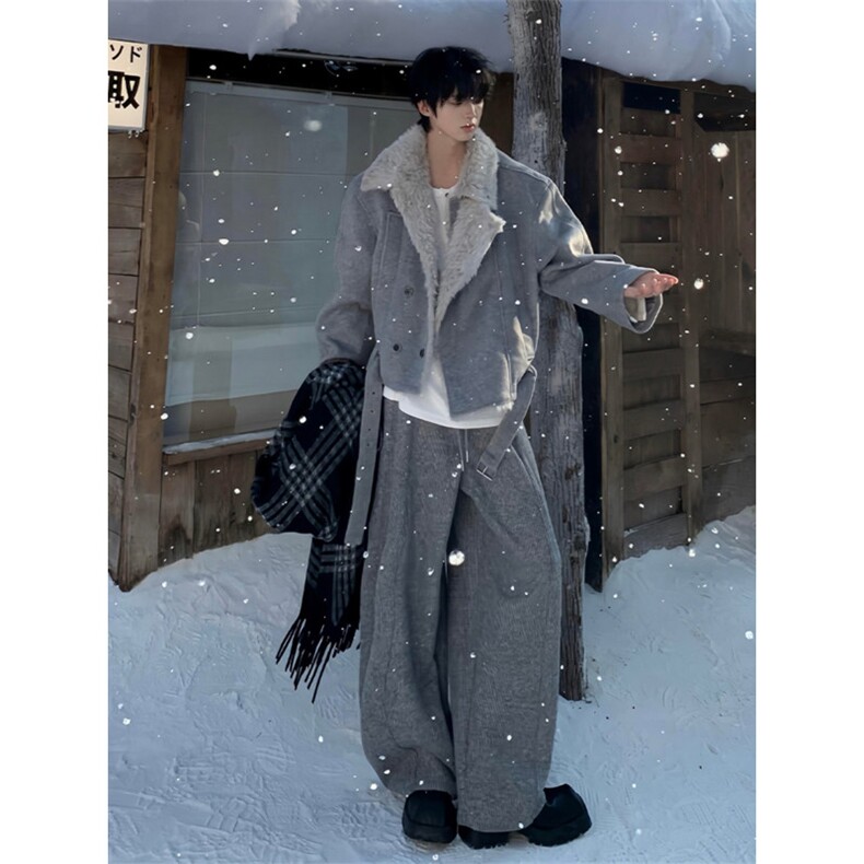 杏色座山雕双排扣毛领棉服男秋冬季美式潮牌高街加绒加厚毛呢外套,男装棉衣,星座506A