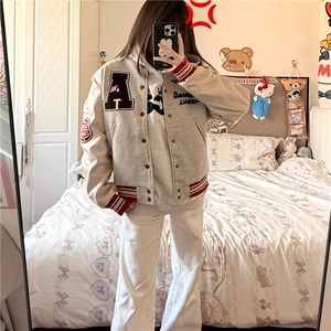 1506-1/JJK5401/P77加厚夹棉毛呢拼接皮重磅美刺绣棒球服男女同款图片