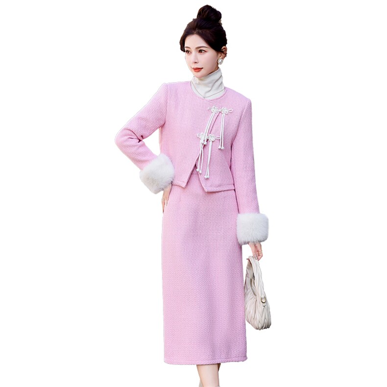 【现货】2024新款冬小香气质时尚保暖加棉套装袖毛可脱卸,女装套装/套裙,丽美静依