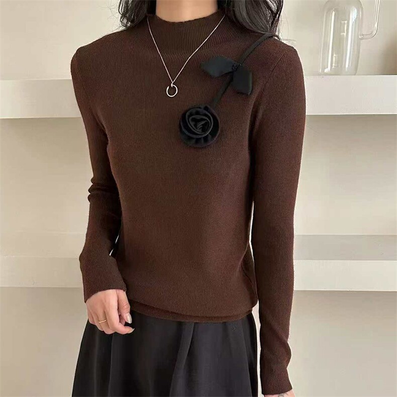 法式复古立体花朵毛针织衫女2025新款长袖修身显瘦打底衫毛衣内搭,针织衫/毛衣,佳绒包芯纱店