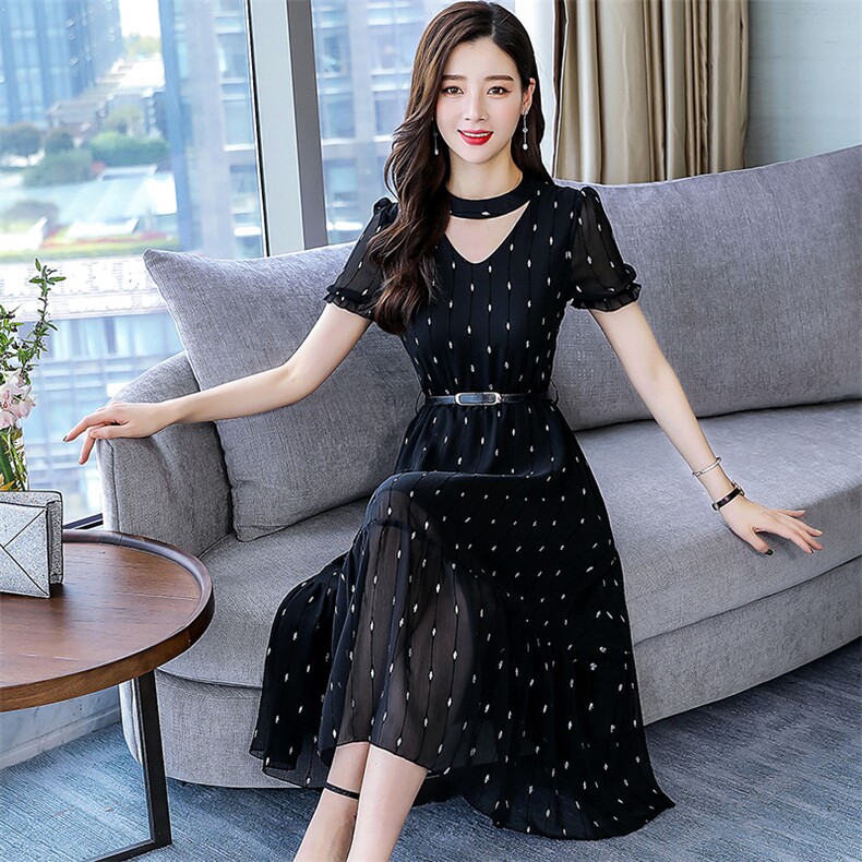 连衣裙高腰件简约短袖2024年夏季中长款，女装连衣裙，三木叶子