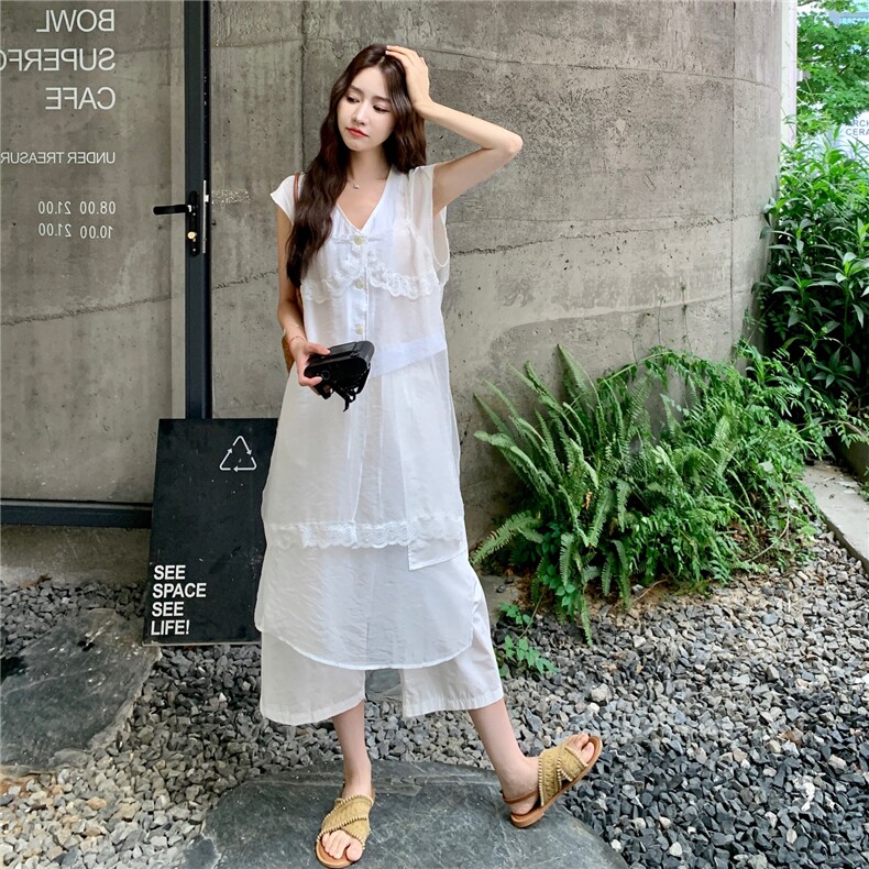 夏日系简约气质两件套女2025高级蕾丝刺绣花边无袖上衣休闲裤套装,女装套装/套裙,2C201