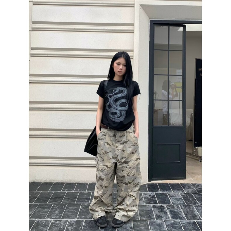 复古沙漠迷彩多口袋弯刀工装裤廓形阔腿伞兵牛仔裤K8310-P56网图,女装牛仔裤,电商B245