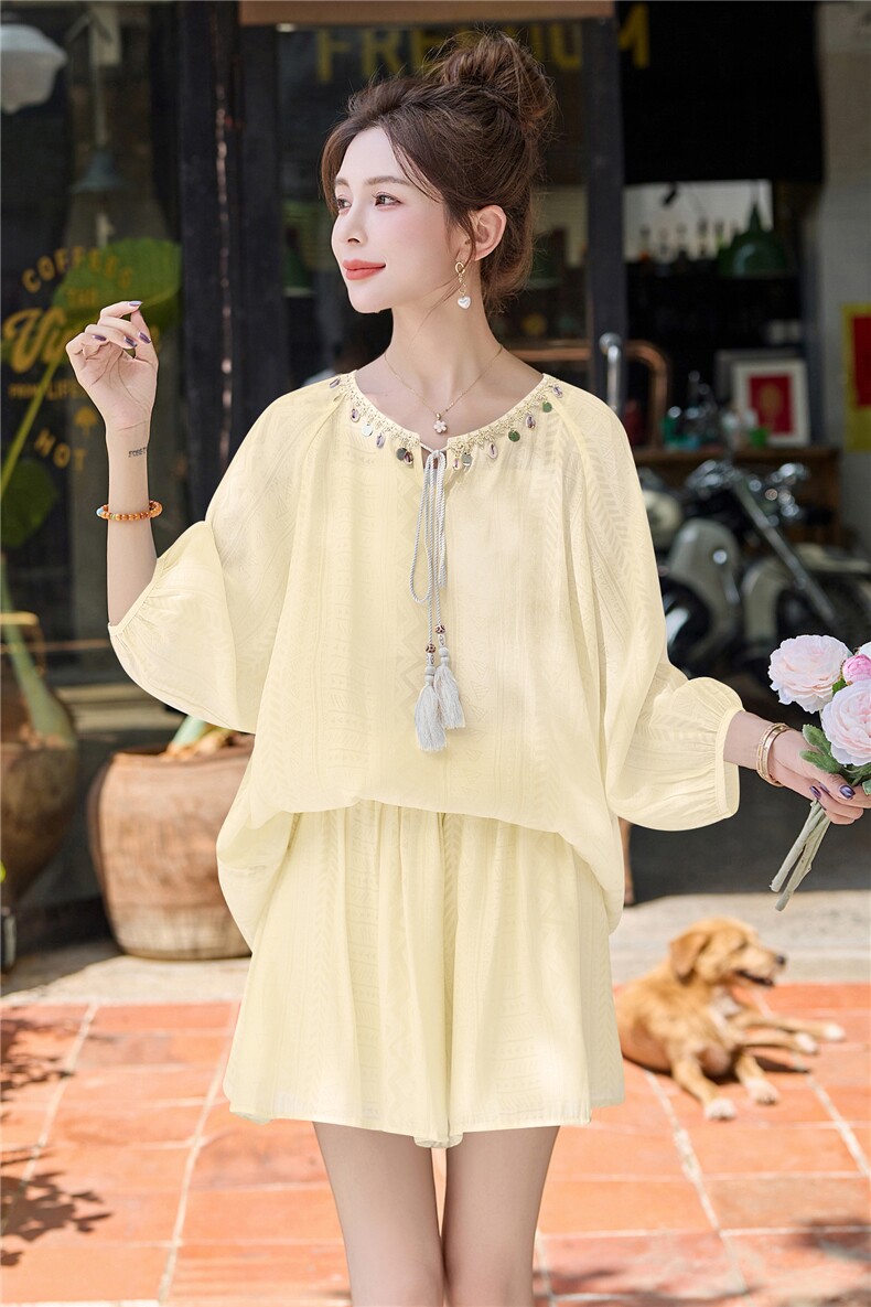 度假风蓝色衬衫短裤套装女夏2025新款超火小个子流行两件套爆款,女装套装/套裙,美静678