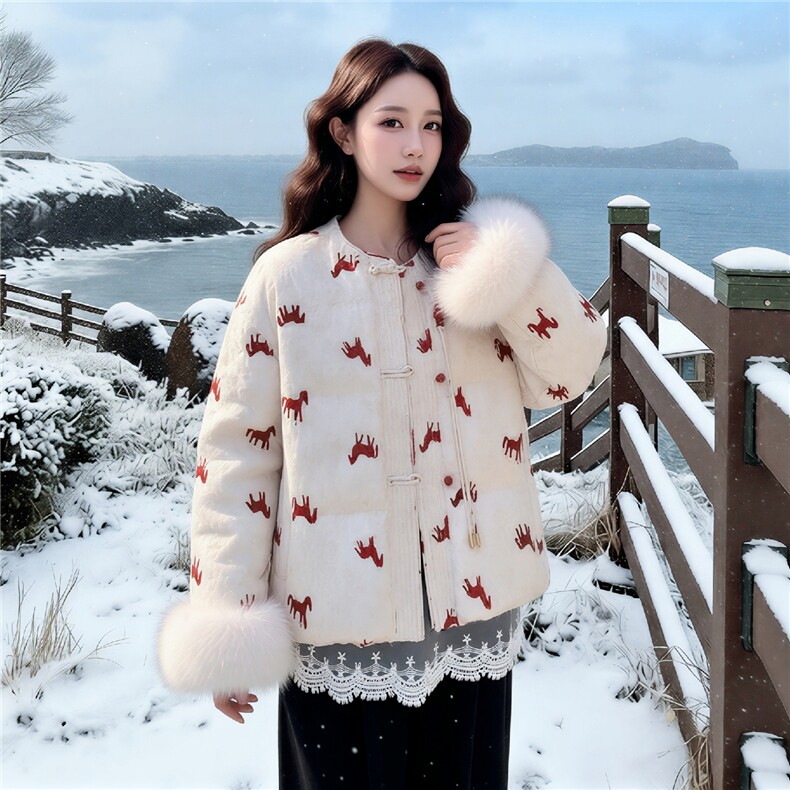 【现货】数据好马年新中式真狐狸毛90白鸭绒2C327-9938P355控498,女装羽绒服,2C327