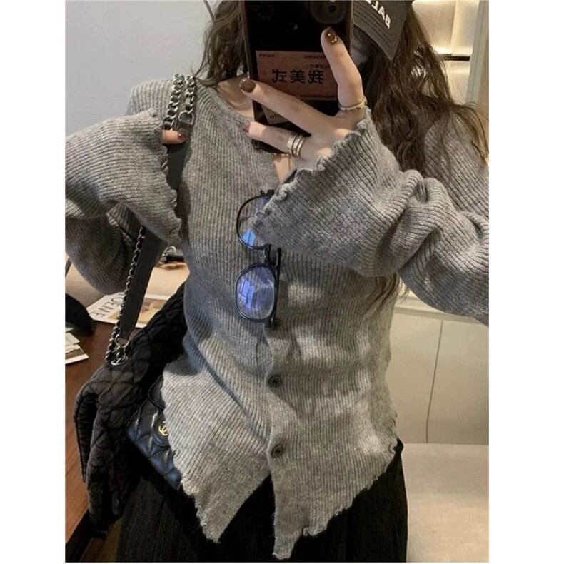 V领常规款开衫ins单件单排扣通勤灰色不规则针织打底衫女秋冬长袖，男装针织衫/毛衣，星座506A