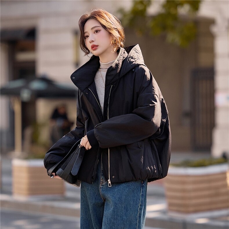 填充棉羊毛黑色保暖厚棉服女2026冬季新款连帽气质百搭设计感外套,女装棉衣/棉服,梦懿尔