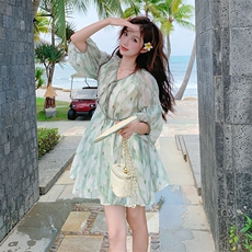 小个子森系绿色连衣裙女夏季2025新款海边度假风超好看甜美初恋裙，女装连衣裙，2C058