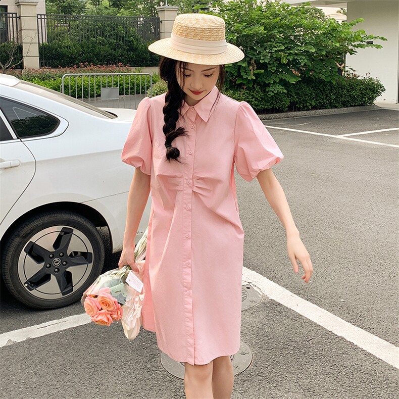 【现货】主推韩系粉色衬衫裙新款夏季短袖小个子连衣裙,女装连衣裙,韩秀