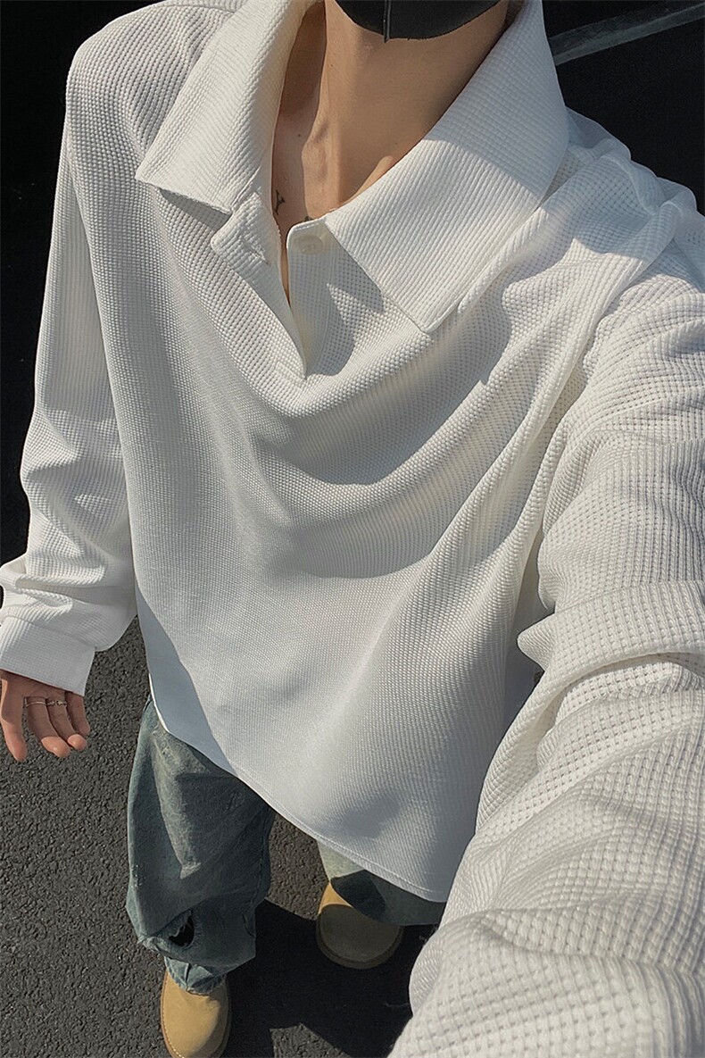 纹理感翻领卫衣男春秋季oversize高级感宽松潮牌休闲打底长袖T恤,男装T恤,电商A233-1