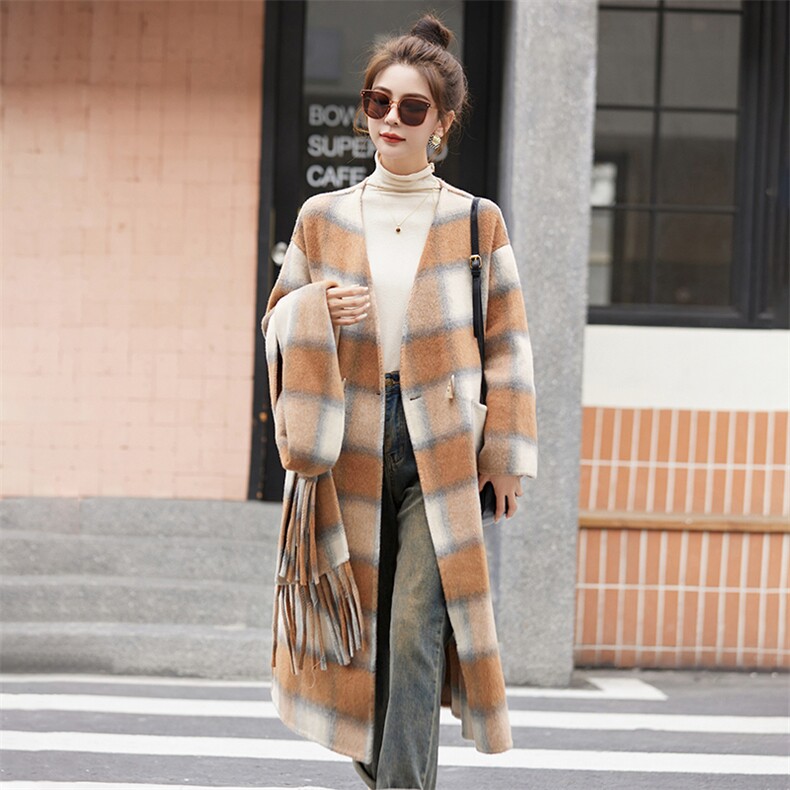 现货手工缝制双面羊毛大衣冬装新款女装时尚韩版休闲外套送围巾,女装双面呢大衣,辉煌依升