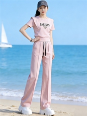 小众设计感时尚运动休闲套装女夏圆领字母短袖上衣休闲长裤两件套，女装套装/套裙，江南